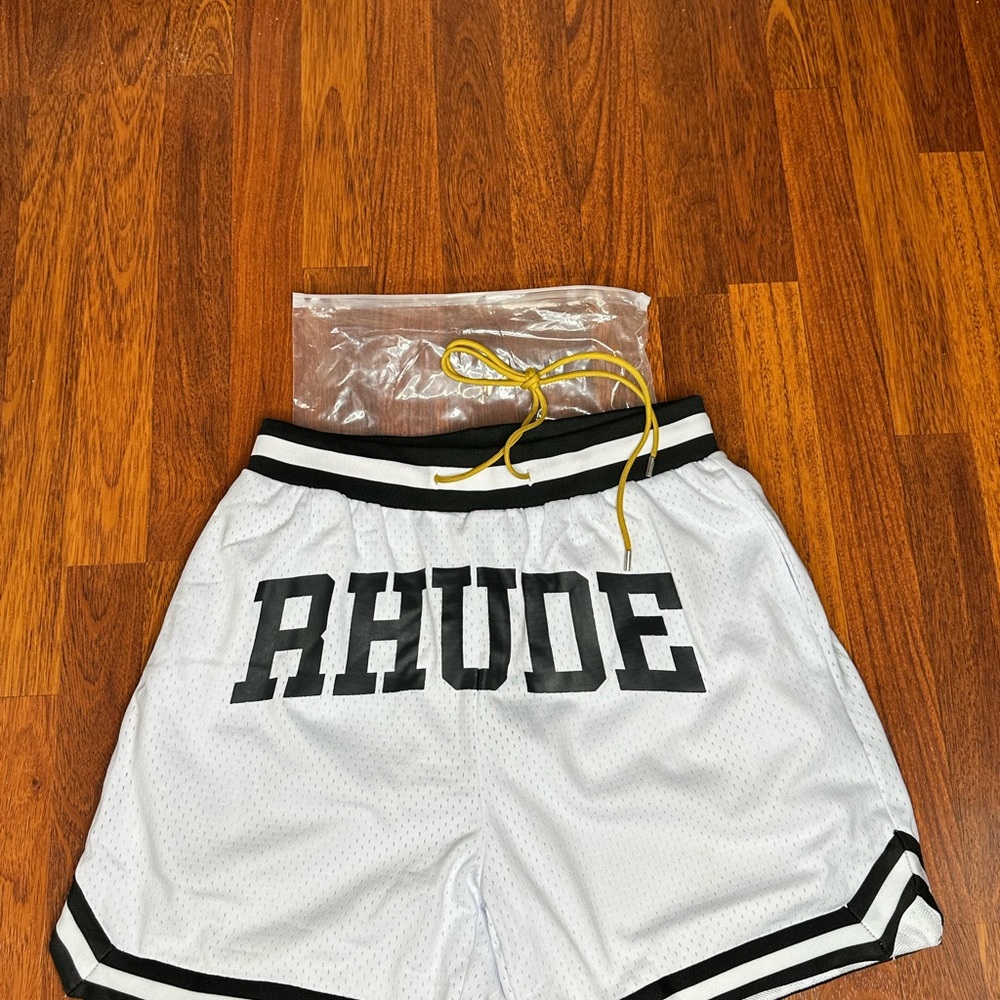 Rhude White Shorts with Black Lettering